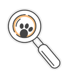 Drawing of a magnifying glass focusing on a paw print.